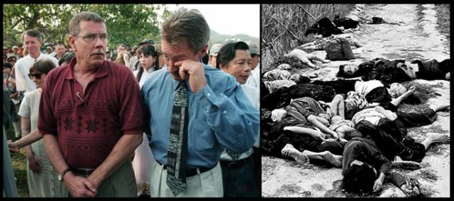 Vietnam veterans Hugh Thompson, left, and Larry Colburn at My Lai -- and a scene from the massacre